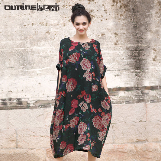 Jiqiuguer Original Brand Printed One Piece Dress Women Vintage Print One-piece Dress Loose - Shopy Max