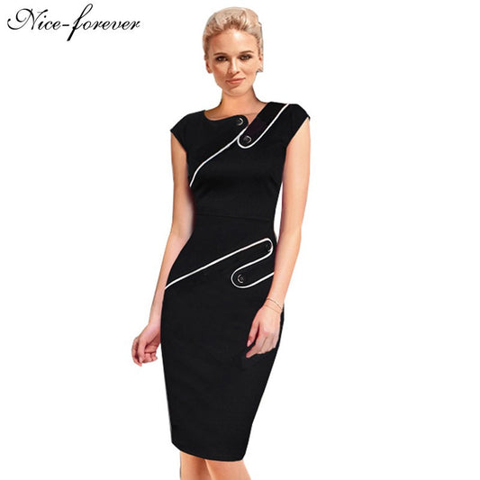 Nice-forever Business Female Pencil Dress Elegant Lady Illusion Patchwork Sheath Buttons Fitted Women - Shopy Max