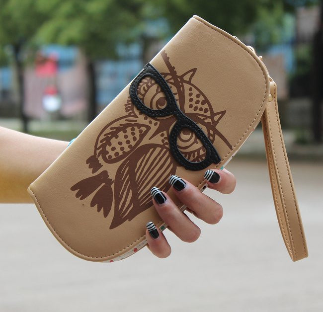 Wallets Purse Cute Owl Glasses Hit Color Printing Korean Rounded Zipper Long Women