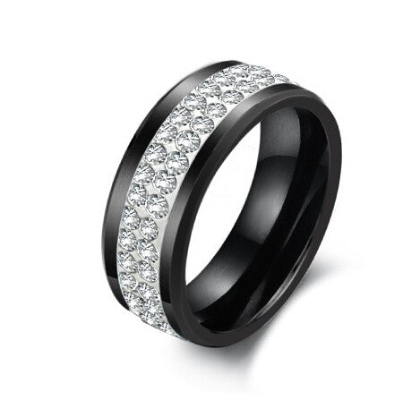 Korean jewelry black ceramic ring two rows of space crystal rhinestones fashionable stone ring - Shopy Max