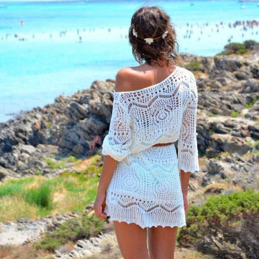 2016 Spring Summer S-XL Sexy Women Hollow Out White V Neck Mini Lace Dress Beach Party Elegant