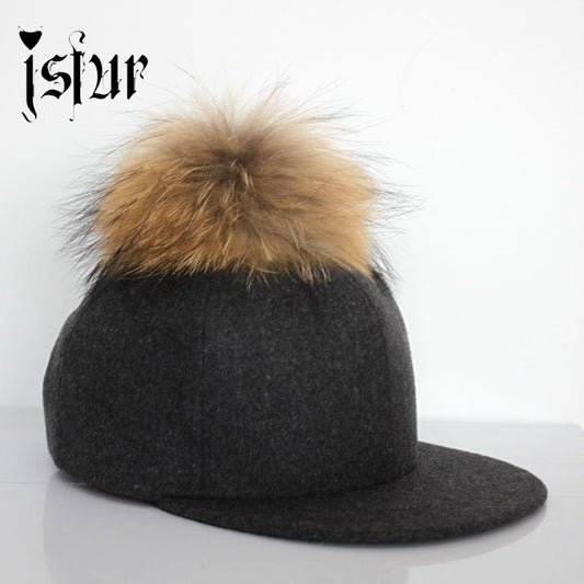 Amazing Hip Hop Gorras Snapback Hat with Natural Color Raccoon Fur Pompon - Shopy Max