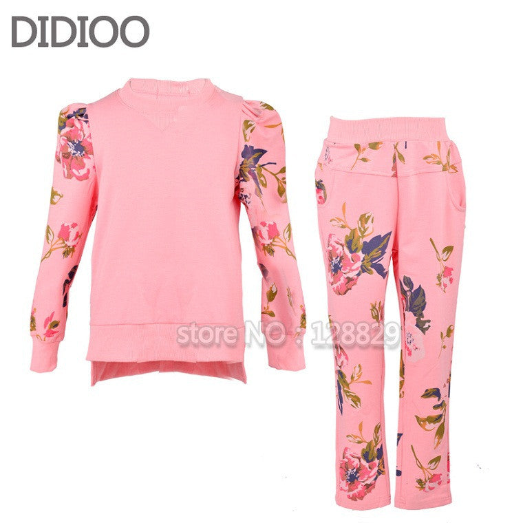 Girls autumn sets baby outfits kids clothes long sleeve floral print pullover top & sprot pants children clothing set size 2-14 - Shopy Max