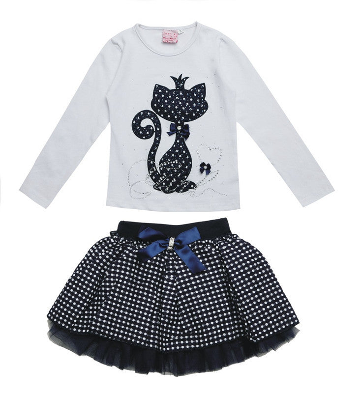 2016 Fashion winter Boutique Outfits Autumn Baby clothes Girls Sets With Cute cat Print Long Sleeve Tops - Shopy Max