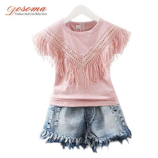 2016 Summer style toddler girl clothing set lacework fringed t-shirt + frayed tassel