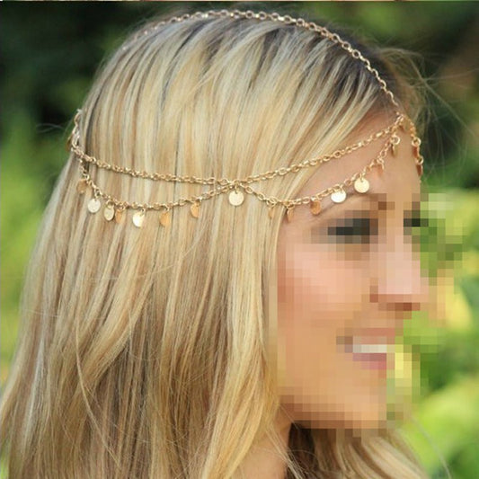 Metallic Circle Sequins Tassel Head Chain 2016 Women Fashion Elegant Head Piece Hair Accessories
