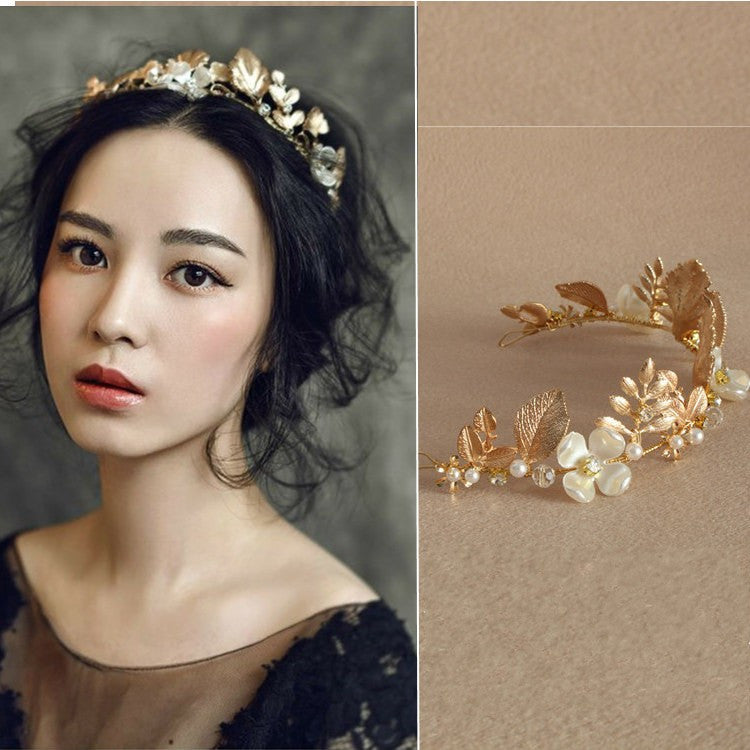 New Design Wedding Gold Leaf Tiara Bridal Pearl Headband Handmade Hair Jewelry Accessories