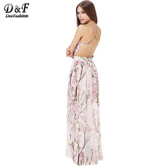 Sheinside 2016 Summer Fashion Women Dresses Sexy Elegant Party Spaghetti Strap Backless Floral Print Maxi Dress - Shopy Max
