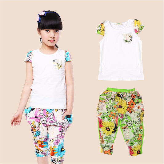 Girls Clothes Summer Cotton Casual Girls Clothing Sets O-Neck Print Floral T-Shirt & Pants 2 Pcs - Shopy Max