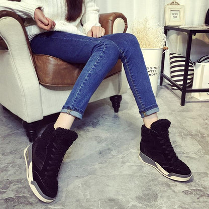 2016 Winter Spring New Korean Fashion Leather Lamb Wool Inner Height Increasing Wedge High Top Casual Shoes Woman Black Gray