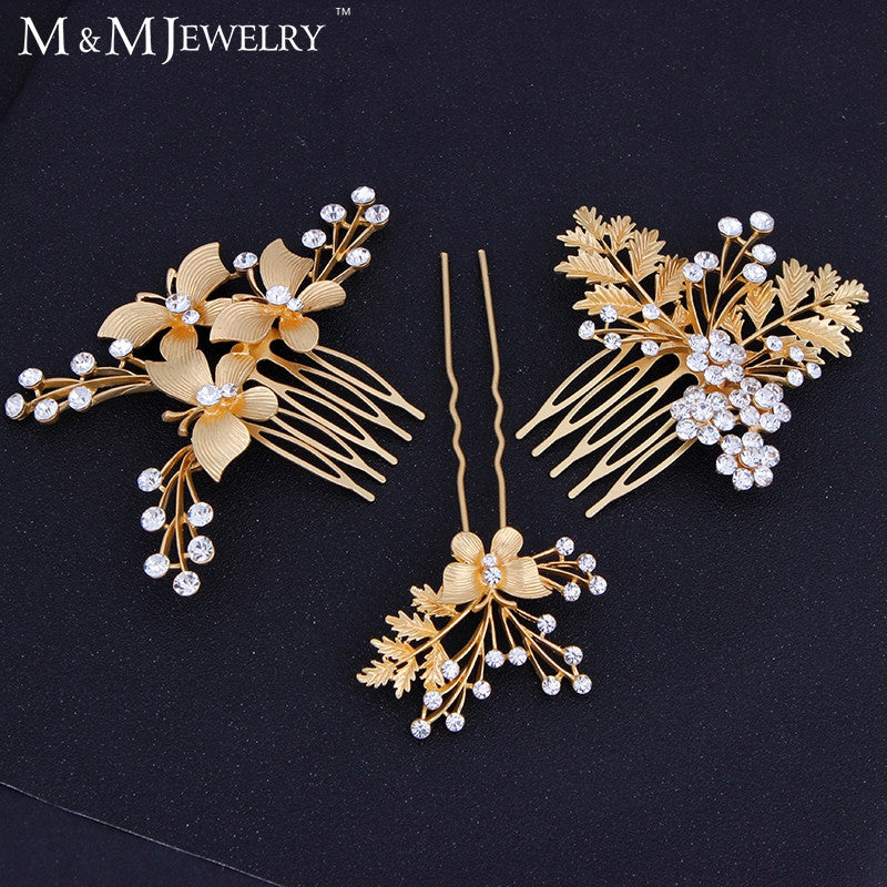 3pcs/set 14K Gold Butterfly with Leaves Bridal Combs Cystal Flower Wedding
