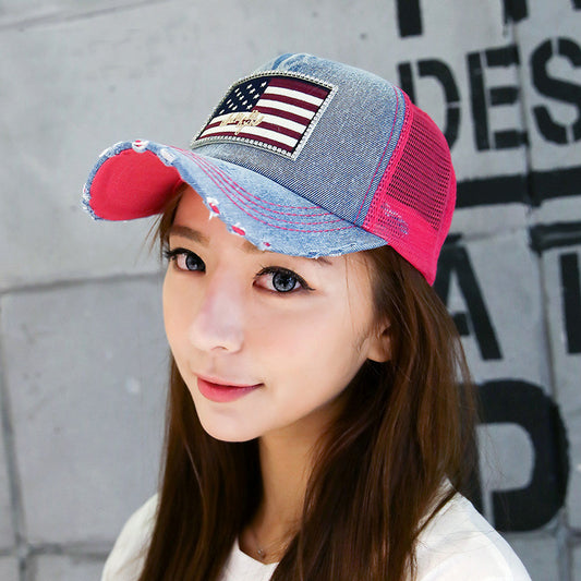 New Fashion Denim Baseball Hats Diamante Net Women National Flag Pattern Sun Hat - Shopy Max