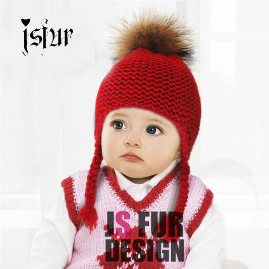 Unique Design Girls Fur Pom Poms Winter Hat Wool Knitted Bomber Hat Crochet Baby Hats Baby Products Beanie Apparel Accessories