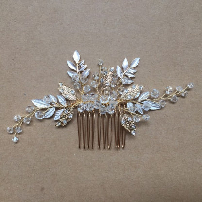Handmade Vintage Bridal Gold Leaf Hair Comb Wedding Accessories Rhinestone Headpiece
