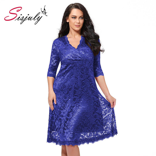 Sisjuly Plus Size Lace Dress  Women Sexy V-Neck Half Sleeve A-line Party Knee-Length Dress Plus Size Lace Dress - Shopy Max