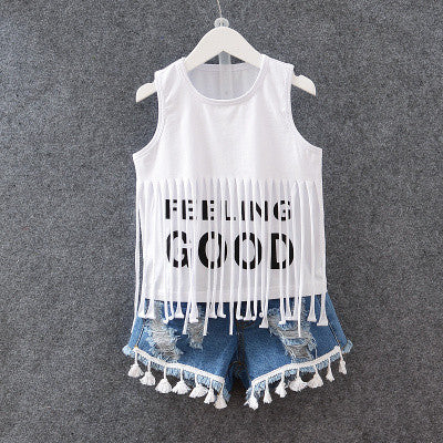 Children clothing 2016 summer style baby girls clothing sets fringed vest letter