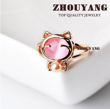 BBR330 Cat's Eye Stone Imitation Pearl Cute Cat Ring Rose Gold Plated Made with Genuine Austrian Crystals Wholesale