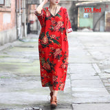 Cotton Linen Plus size Women Dress V-neck Flower print Long Summer Dress Original design