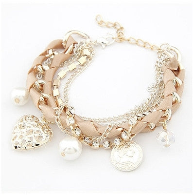 Lovely hollow out heart the coin pearl multielement weave multilayer bracelet women's bracelets & bangles