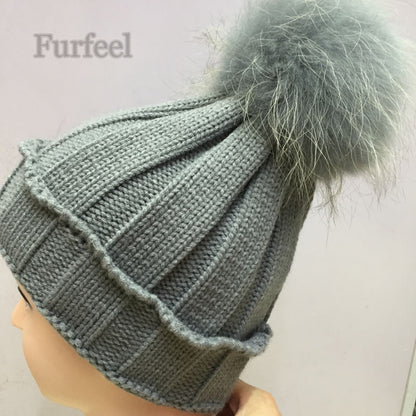 2016 kids Winter Hat 100% Real Raccoon Fur pom pom Ball Baby Beanies Cap Crochet Knitted Hats  For Girls Boys
