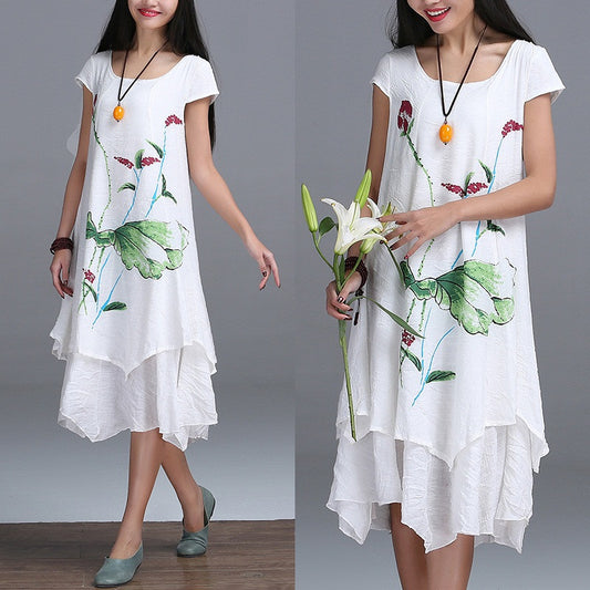 2016 Summer New  Linen Cotton  Print Women Maxi Dress Shortsleeve O-neck Loose Deisgns Fashion
