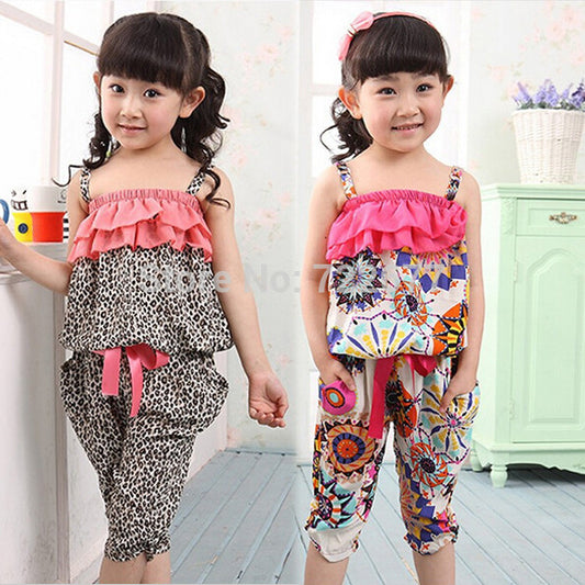 Hot Children Summer Clothing Sets Baby Girls Spaghetti Strap leopard Tops + Casual Harem Pants For 2-10Y Kids Bohemia Beach Suit