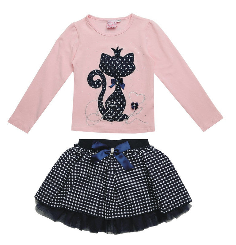 2016 Fashion winter Boutique Outfits Autumn Baby clothes Girls Sets With Cute cat Print Long Sleeve Tops - Shopy Max