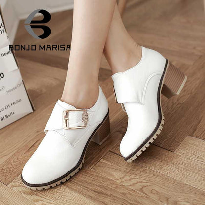 Fashion Women Pumps Roman Style Chunky Med High Heels Buckle Up Wedding Casual Spring Autumn Shoes Round Toe - Shopy Max