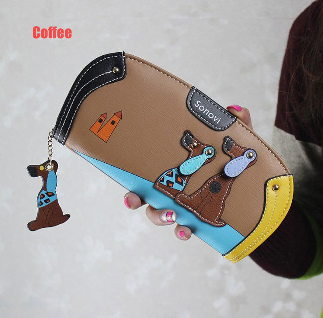 New Arrive Fashion Cute Puppy Zipper Long Wallet Cartoon Dog 6 Colors PU Leather Women Wallets Ladies