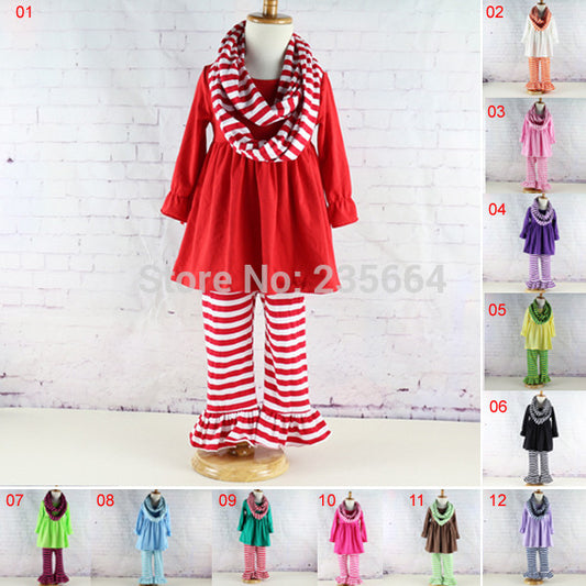2016 Ropa Mujer Clothes New Kids Striped 3pcs Long Sleeve Ruffled Ruffle