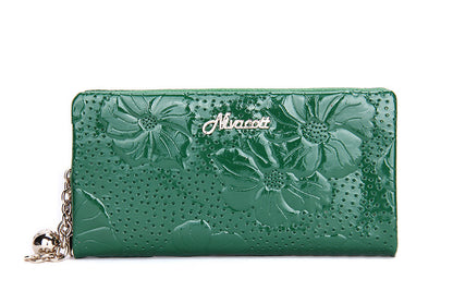 Genuine Leather Women Wallet Green Zipper Floral Purse With Zipper Coin Pocket Portfolio - Shopy Max