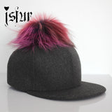 New Brand Fur Ball Baseball Cap Women Real Rainbow Colorful Raccoon Fur Pompon Snapback Caps Men Hat