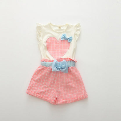 Baby Kids Girls Sleeveless Heart Bow Tops T-Shirt+Plaid Shorts Outfits Children Sets - Shopy Max