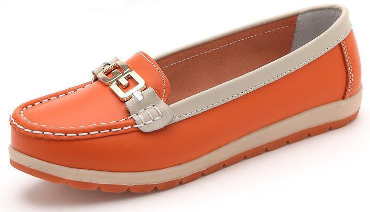 women Metal buckle genuine leather flats shoes woman causal nurse shoes women's round toe flexible candy color walking loafer