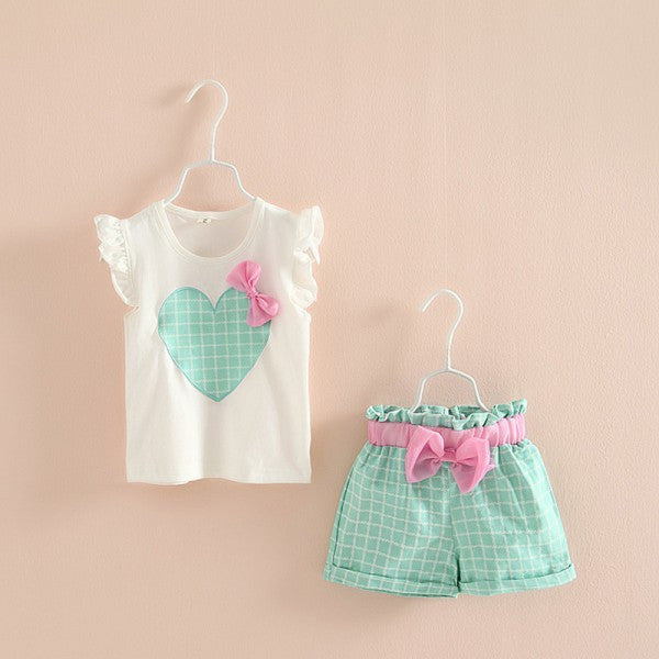 Baby Kids Girls Sleeveless Heart Bow Tops T-Shirt+Plaid Shorts Outfits Children Sets - Shopy Max