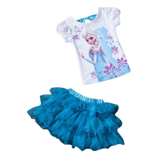 Children's suit, girls fashion bud silk joining together fly sleeve hollow gauze T-shirt+chiffon skirt suit, girls skirt suits