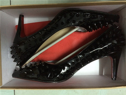Pumps Red Bottom High Heels Sexy Point Toe Red Bottom Ladies High Heels Rivet Patent - Shopy Max