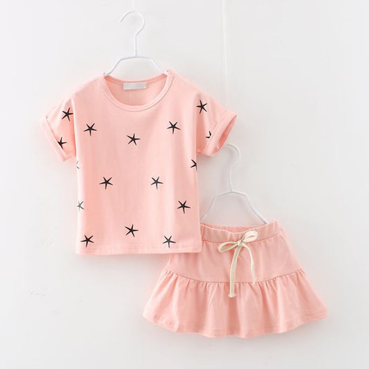 New summer fashion girl clothing Sets fashion print star T-shirt and skirts girls clothes