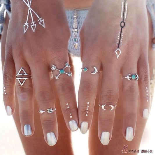 Punk rock jewelry 6pcs ring design arrow moon natural turquoise stone anillos mujer boho bague femme mid finger rings fro women - Shopy Max