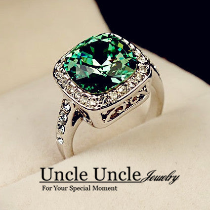 18K White Gold Plated Royal Design Crystal Square Green Jewelry Lady Wedding Finger Ring Wholesale