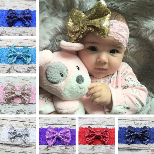 Sequin Solid Print Bows hair Band elastic Headband Baby Girl bow tiara New - Shopy Max