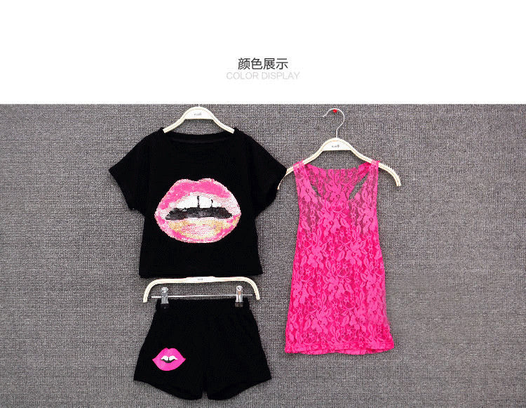 2016 summer fashion leisure sets girls   Personalized lip print pattern short sleeve T-shirt