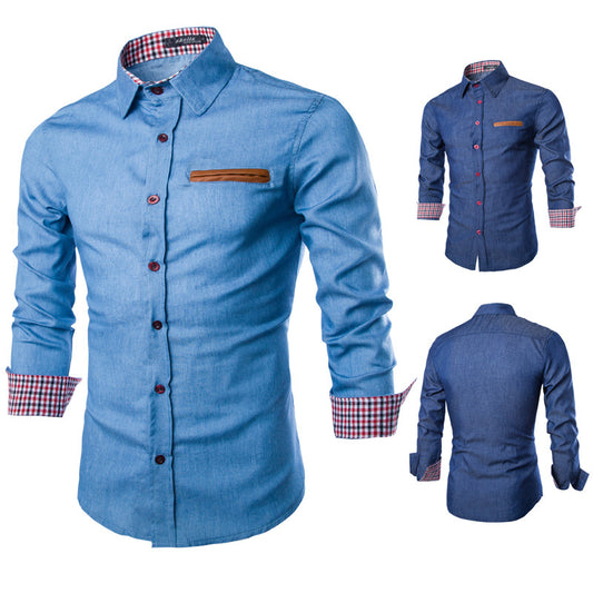 Leather Pocket Men Casual Jeans Shirt - Shopy Max