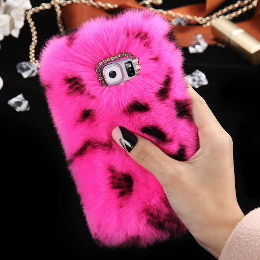 Real Rabbit Hair Phone Case for Samsung Galaxy S6 Edge Case Cover Rhinestone Bling Hard Case for Samsung S6 Edge - Shopy Max
