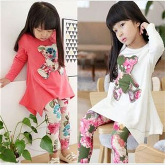 New 2016 Casual clothes Hot sales Autumn baby girl dress long sleeve T-shirt + Flower Legging Clothing Set children clothing - Shopy Max