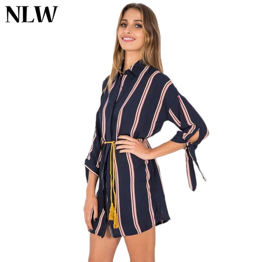 Women Turn Down Collar Summer Dress Vertical Striped Sundress Elegant Vestidos