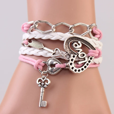 2014 New handmade bracelet  lock+key +Cupid's Arrow Charms Infinity Bracelet white&pink leather Braclet. Best Couple Gift IB710