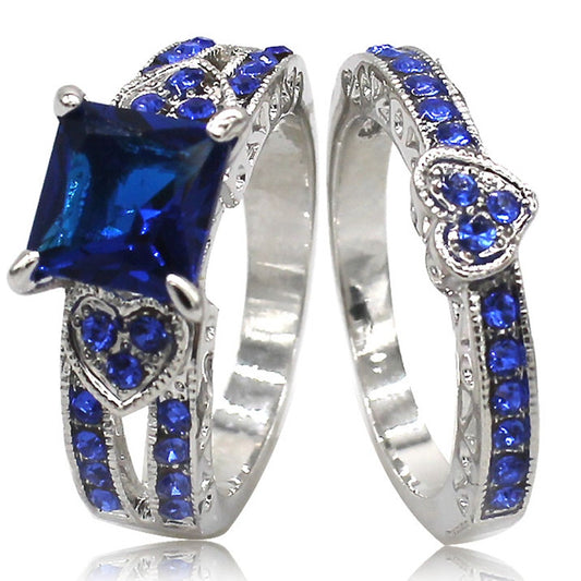 Size 5 to 11 Sterling Silver Wedding Engagement Princess Cut Blue Sapphire Ring Pair Set Heart Shape - Shopy Max