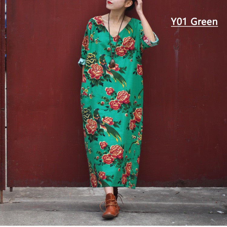 Cotton Linen Plus size Women Dress V-neck Flower print Long Summer Dress Original design
