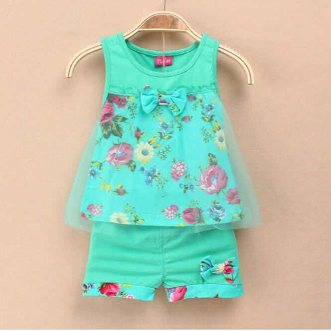 2016 Summer New Fashion Baby Girls Kids Outfits Suits Tops Shorts Bow Tulle Suit  2-5Y